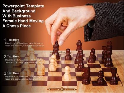 Powerpoint template and background with business female hand moving a chess piece