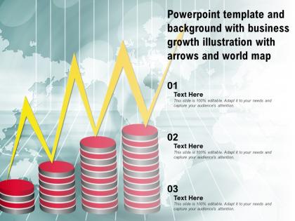 Powerpoint template and background with business growth illustration with arrows and world map