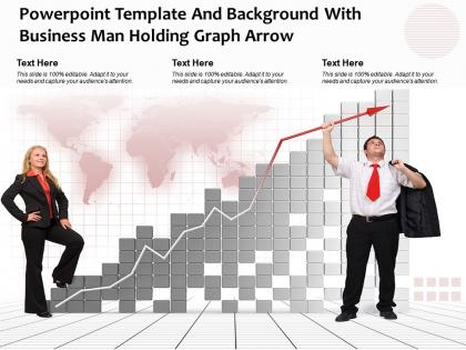 Powerpoint template and background with business man holding graph arrow high up