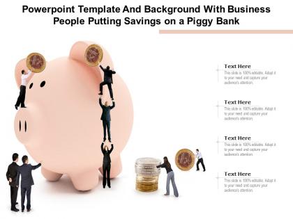 Powerpoint template and background with business people putting savings on a piggy bank