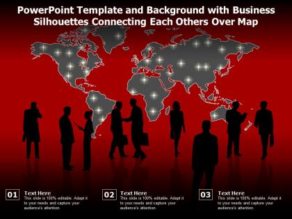 Powerpoint template and background with business silhouettes connecting each others over map