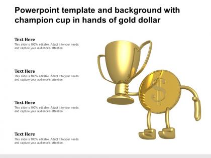 Powerpoint template and background with champion cup in hands of gold dollar