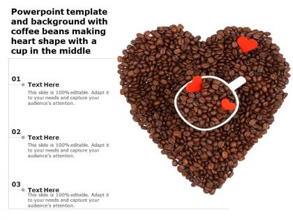 Powerpoint template and background with coffee beans making heart shape with a cup in the middle