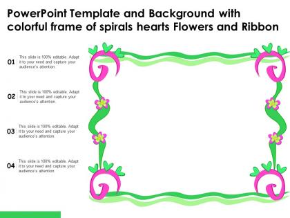 Powerpoint template and background with colorful frame of spirals hearts flowers and ribbon