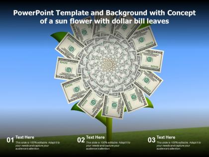 Powerpoint template and background with concept of a sun flower with dollar bill leaves