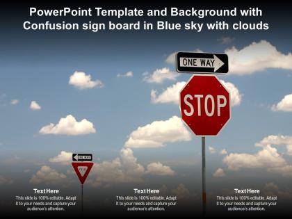 Powerpoint template and background with confusion sign board in blue sky with clouds