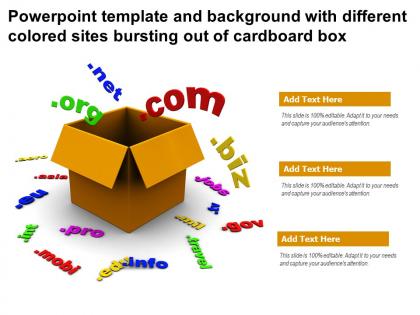 Powerpoint template and background with different colored sites bursting out of cardboard box