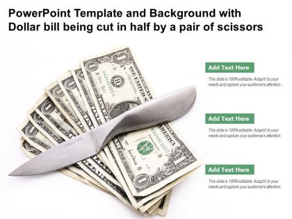 Powerpoint template and background with dollar bill being cut in half by a pair of scissors