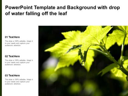 Powerpoint template and background with drop of water falling off the leaf