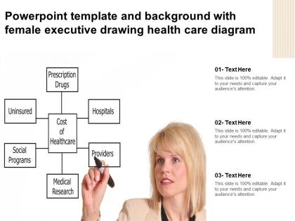 Powerpoint template and background with female executive drawing health care diagram