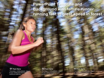 Powerpoint template and background with female runner running fast at great speed in forest