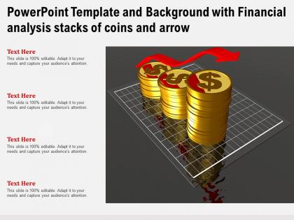Powerpoint template and background with financial analysis stacks of coins and arrow