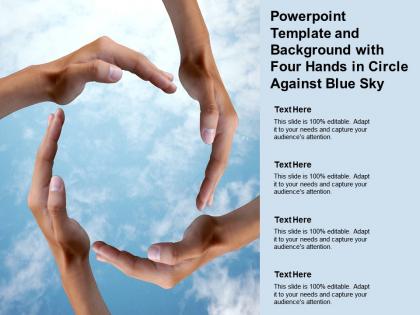 Powerpoint template and background with four hands in circle against blue sky