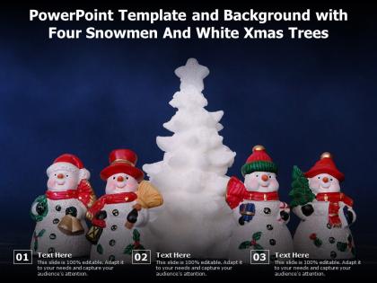 Powerpoint template and background with four snowmen and white xmas trees