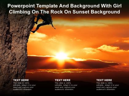 Powerpoint template and background with girl climbing on the rock on sunset background