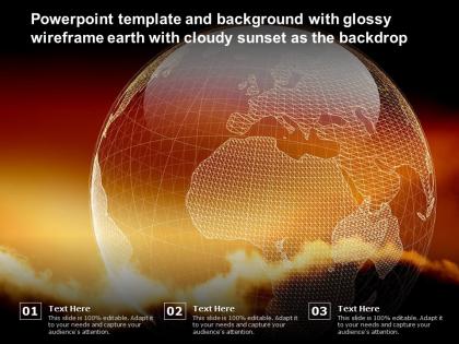 Powerpoint template and background with glossy wireframe earth with cloudy sunset as the backdrop