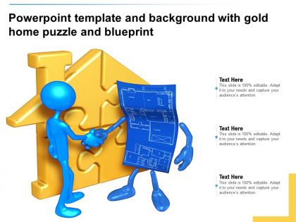 Powerpoint template and background with gold home puzzle and blueprint
