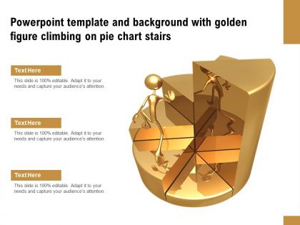 Powerpoint template and background with golden figure climbing on pie chart stairs