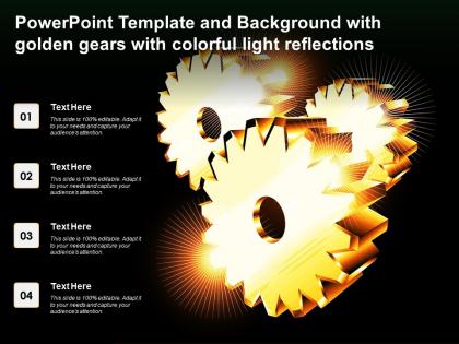 Powerpoint template and background with golden gears with colorful light reflections