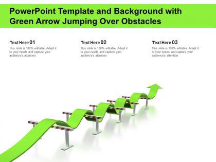 Powerpoint template and background with green arrow jumping over obstacles