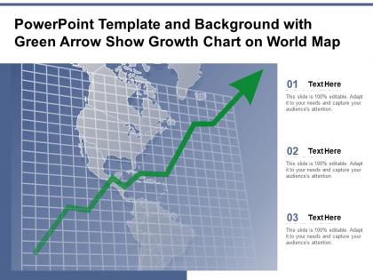 Powerpoint template and background with green arrow show growth chart on world map