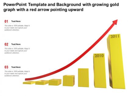 Powerpoint template and background with growing gold graph with a red arrow pointing upward