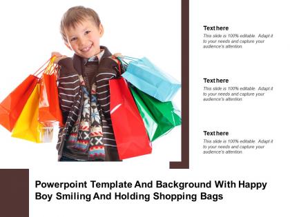Powerpoint template and background with happy boy smiling and holding shopping bags