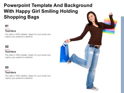Powerpoint template and background with happy girl smiling holding shopping bags