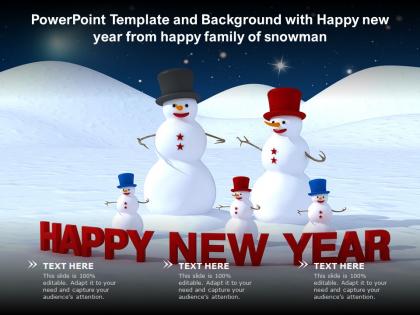 Powerpoint template and background with happy new year from happy family of snowman