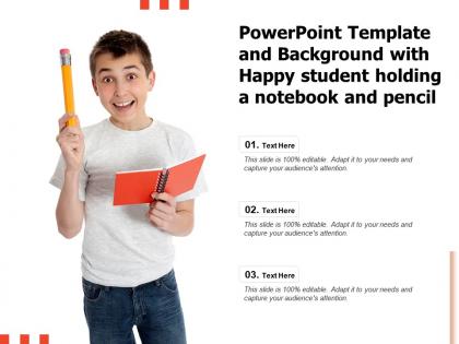 Powerpoint template and background with happy student holding a notebook and pencil