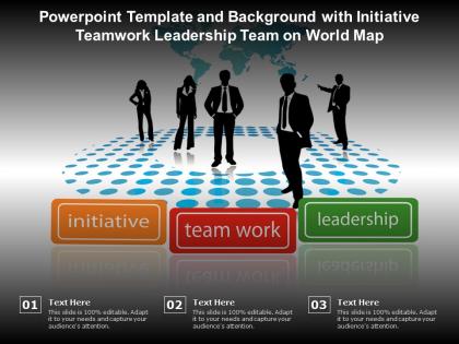 Powerpoint template and background with initiative teamwork leadership team on world map