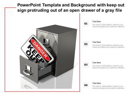 Powerpoint template and background with keep out sign protruding out of an open drawer of a gray file