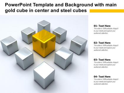 Powerpoint template and background with main gold cube in center and steel cubes