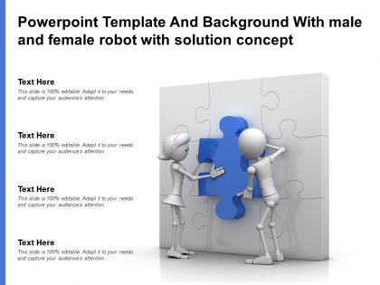 Powerpoint template and background with male and female robot with solution concept