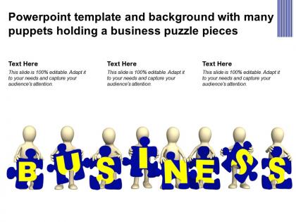 Powerpoint template and background with many puppets holding a business puzzle pieces