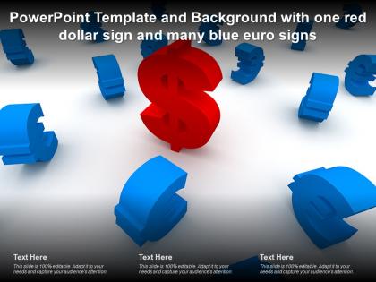 Powerpoint template and background with one red dollar sign and many blue euro signs