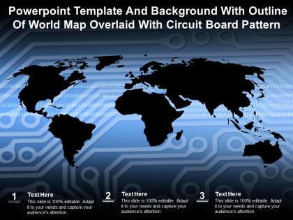 Powerpoint template and background with outline of world map overlaid with circuit board pattern