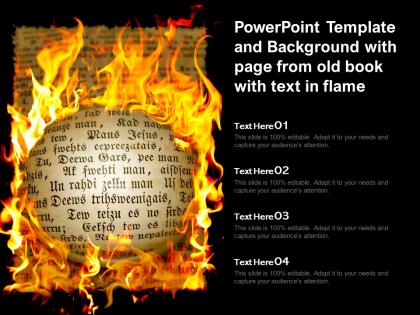 Powerpoint template and background with page from old book with text in flame