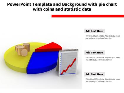 Powerpoint template and background with pie chart with coins and statistic data