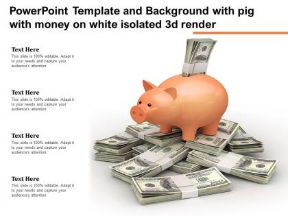 Powerpoint template and background with pig with money on white isolated