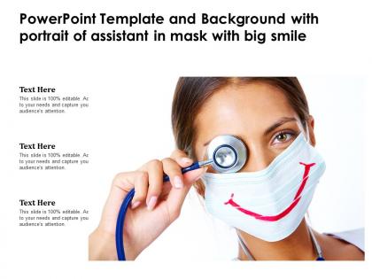 Powerpoint template and background with portrait of assistant in mask with big smile