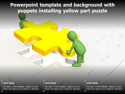 Powerpoint template and background with puppets installing yellow part puzzle