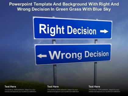 Powerpoint template and background with right and wrong decision in green grass with blue sky