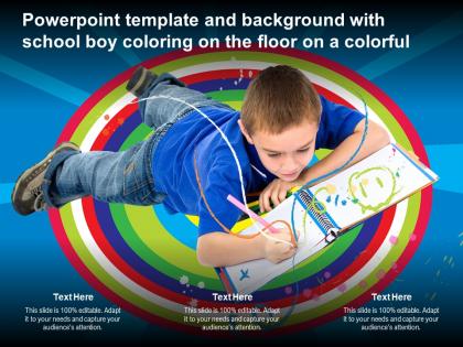 Powerpoint template and background with school boy coloring on the floor on a colorful