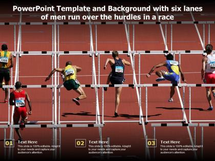 Powerpoint template and background with six lanes of men run over the hurdles in a race