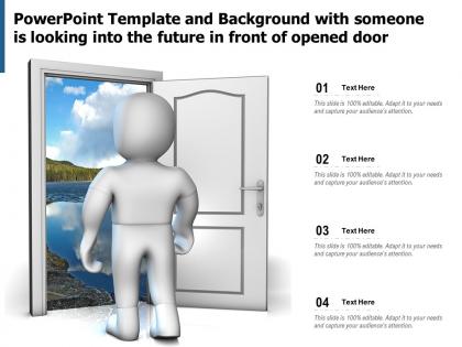 Powerpoint template and background with someone is looking into the future in front of opened door