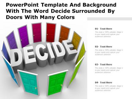 Powerpoint template and background with the word decide surrounded by doors with many colors