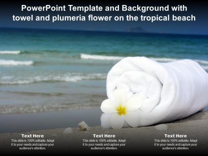 Powerpoint template and background with towel and plumeria flower on the tropical beach