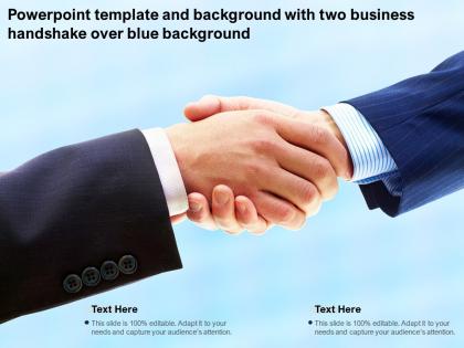 Powerpoint template and background with two business handshake over blue background