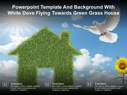 Powerpoint template and background with white dove flying towards green grass house